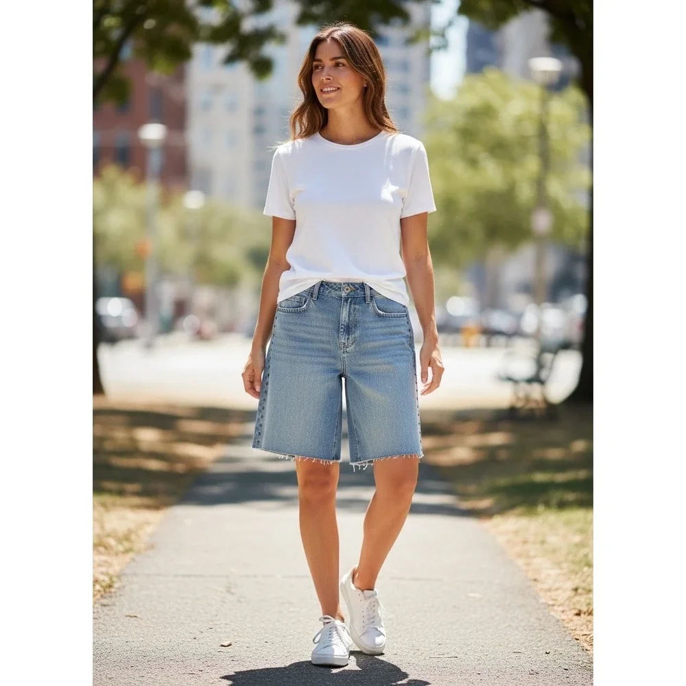 Camila Coelho High Waist Midi Studded Denim Shorts Light Wash Blue‎ Boho Rocker